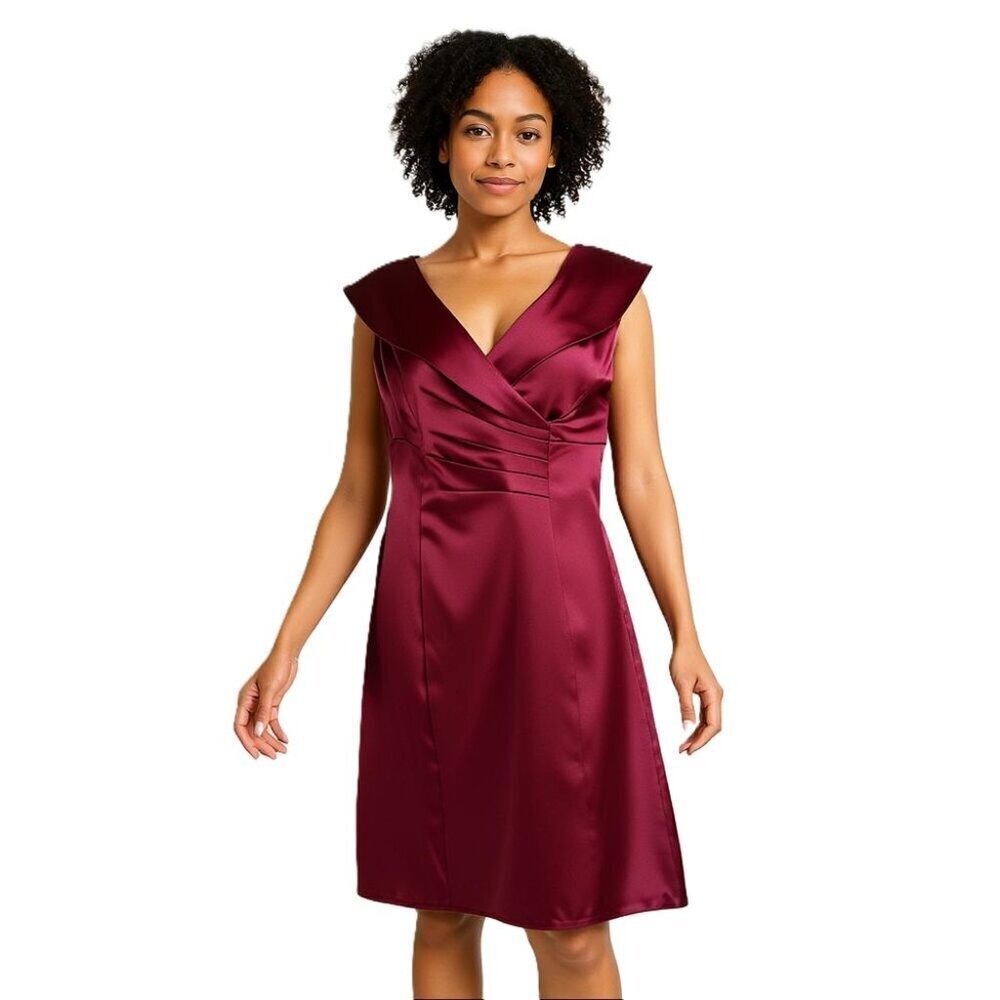 AB Studio Burgundy Satin Pleated V-Neck Cocktail Sheath Dress Sleeveless Size 6